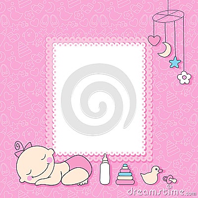 Baby girl announcement card. Vector Illustration