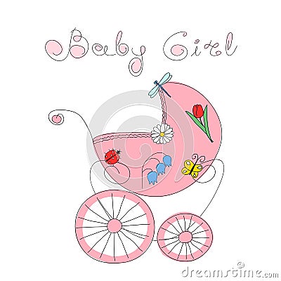 Baby girl arrival card with hand drawn retro styled baby carriage Vector Illustration