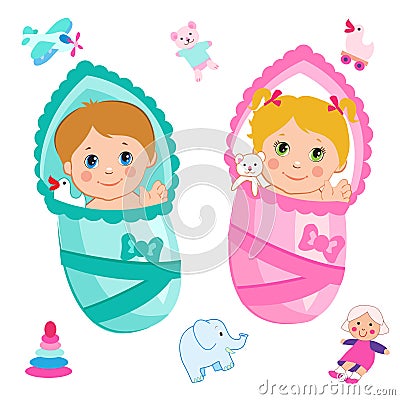 Baby Girl And Baby Boy. Cartoon Vector On A White Background. Vector Illustration