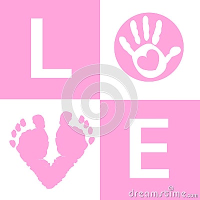 Baby girl baby hand and feet prints arrival card Vector Illustration