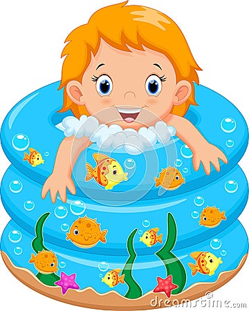 Baby girl bath in a bathtub with lot of soap Stock Photo