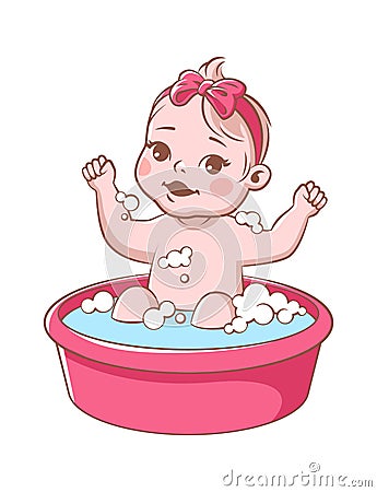 Baby girl bathes. Cute infant in bathtub, smiling toddler with pink ribbon sitting in tub. Happy child hygiene vector Vector Illustration