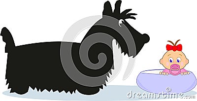 Baby girl and black puppy Vector Illustration