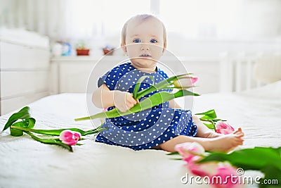 Baby girl in blue dress playing with bunch of pink tulips Stock Photo