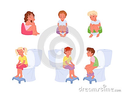 Baby girl and boy sitting on toilet bowl or chamber pot set, potty training, hygiene Vector Illustration