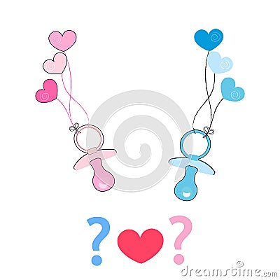 Baby girl, baby boy soother with hearts balloon. Coming soon baby. Baby gender reveal symbol Vector Illustration