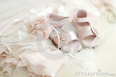 Baby girl christening shoes Stock Photo