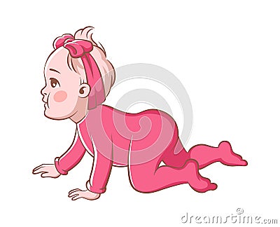 Baby girl crawling. Cute infant character in pink clothes and ribbon learning to crawl. Happy child vector illustration Vector Illustration