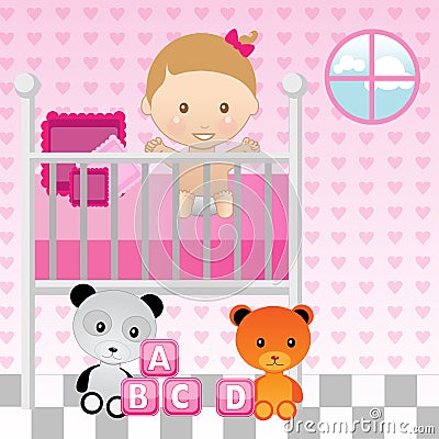 Baby Girl in Crib Stock Photo