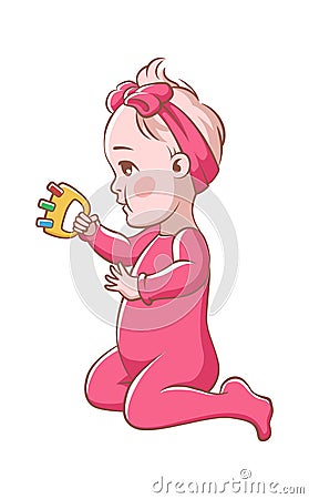 Baby girl. Cute infant blond smiling toddler in pink clothes and ribbon playing with beanbag, small daughter plays toys Vector Illustration