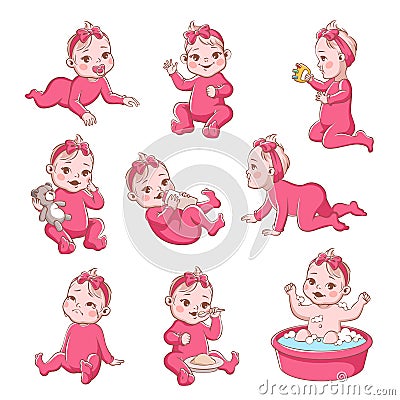 Baby girl. Cute infant with different emotions happy child, crying girls, smiling toddler sitting, playing and crawling Vector Illustration