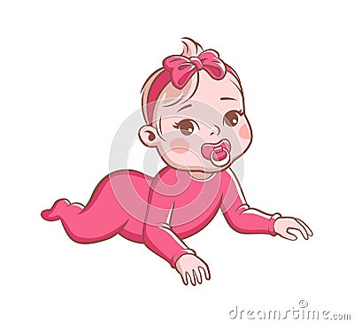 Baby girl. Cute infant with pacifier, happy toddler in pink clothes and ribbon with bow on head lying. Cartoon newborn Vector Illustration