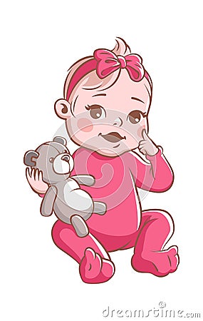 Baby girl. Cute infant with toy, smiling toddler in pink clothes sitting. Happy child vector illustration isolated on Vector Illustration