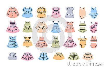 Baby girl dresses skirts swimsuit color line icons Vector Illustration