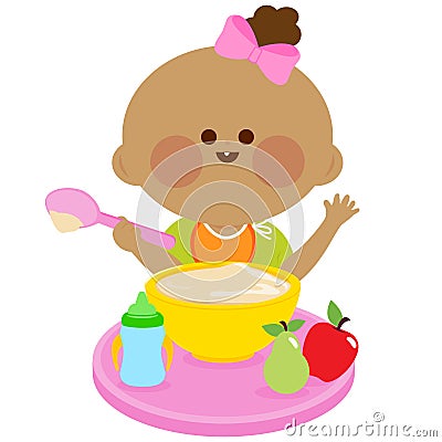 Baby girl eating cereal. Vector illustration Vector Illustration