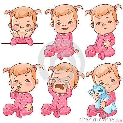 Baby girl emotions set Vector Illustration