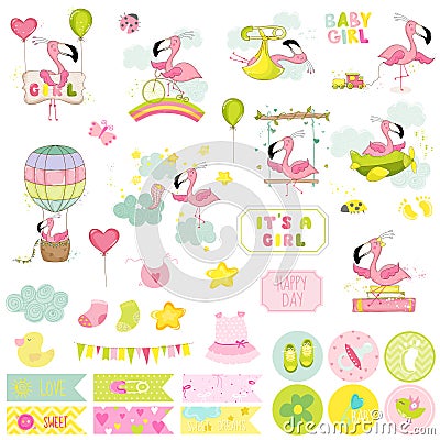 Baby Girl Flamingo Scrapbook Set. Decorative elements Vector Illustration