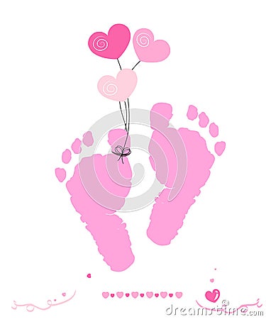 Baby girl foot prints with hearts balloon vector greeting card Vector Illustration