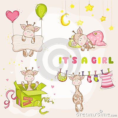 Baby Girl Giraffe Set - Baby Shower Card Vector Illustration