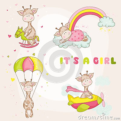 Baby Girl Giraffe Set - Baby Shower Card Vector Illustration