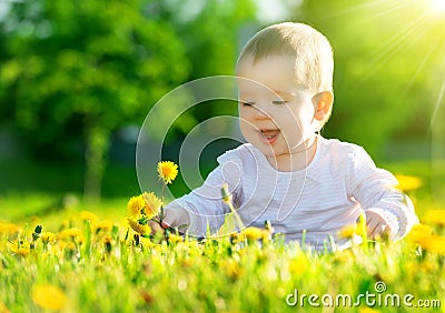 Baby girl on a green meadow with yellow flowers dandelions on th Stock Photo