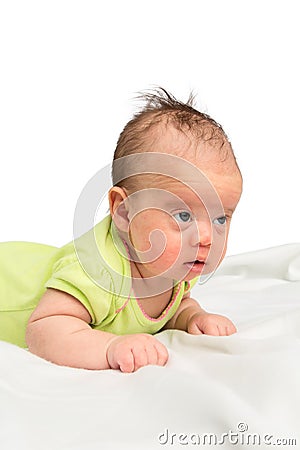 Baby Girl Holds her Head Stock Photo