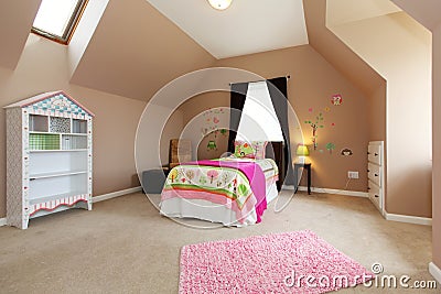 Baby girl kids bedroom with pink bed. Stock Photo