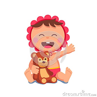 Baby girl laughing sitting embracing teddy bear Vector Illustration