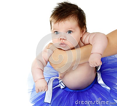 baby girl like a ballet dancer in blue tutu, cute infant over white Stock Photo