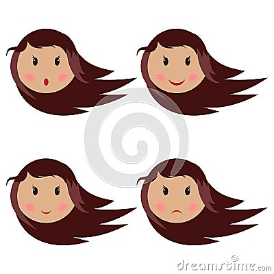 Baby girl making four different face expressions isoletad on white. Vector Illustration