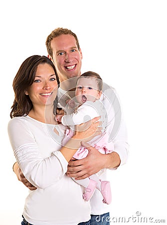 Baby girl mother and father family happy on white Stock Photo