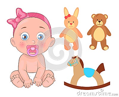 Baby Girl in Pink Ribbon with Pacifier and Toys Vector Illustration