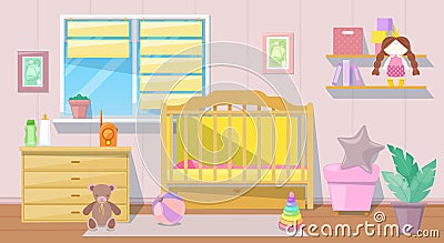 Baby girl pink room interior, vector cartoon illustration. Nursery bedroom furniture and design elements for newborn Vector Illustration