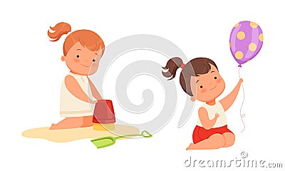 Baby Girl Playing with Pail in Sandpit and Holding Balloon by String Vector Set Vector Illustration