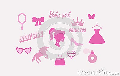 Baby girl, princess. Cute pink icons collection - shoes, dress, perfumes, bag, unicorn, mirror. Vector Vector Illustration