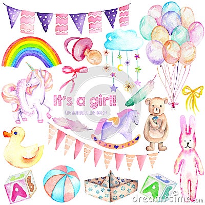 Baby girl shower watercolor elements set toys, unicorn, air balloons, rainbow, nipple, feathers and other Stock Photo