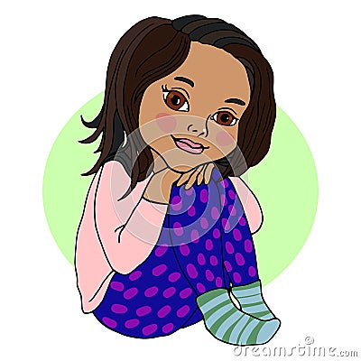 Baby girl sitting, hugging her legs, preschooler, bright color. Vector drawing Stock Photo