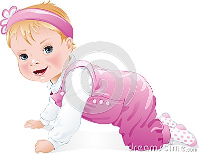 Baby girl smiling and crawling, isolated Vector Illustration
