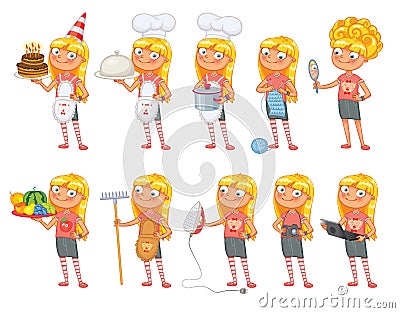 Baby girl stands in same pose and holds a various objects Vector Illustration