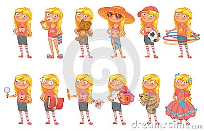 Baby girl stands in similar pose and holds a various objects Vector Illustration