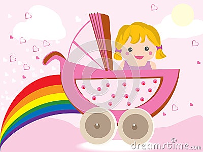 Baby girl in stroller Vector Illustration