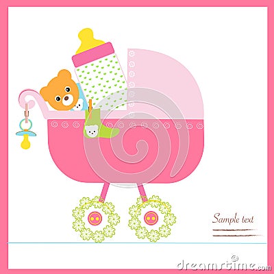 Baby girl stroller with bottle, soother, socks vector Vector Illustration