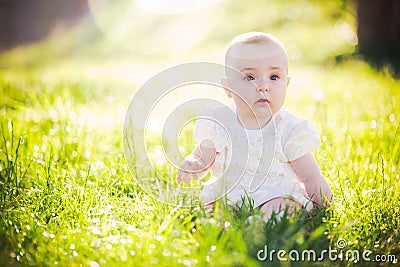 Baby girl on a sunny meadow portrait Stock Photo