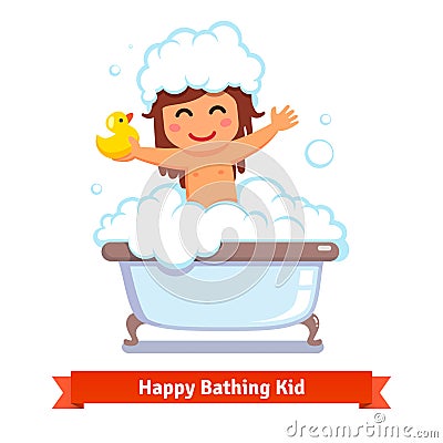 Baby girl taking bath with duck toy and bubbles Vector Illustration