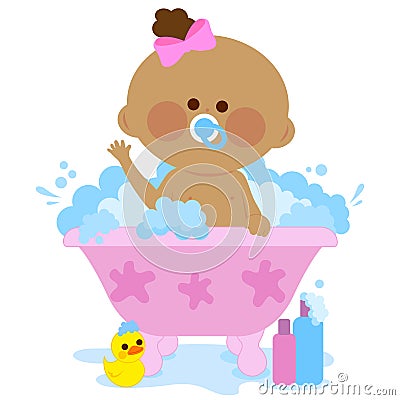 Baby girl in a tub taking a bath. Vector illustration Vector Illustration