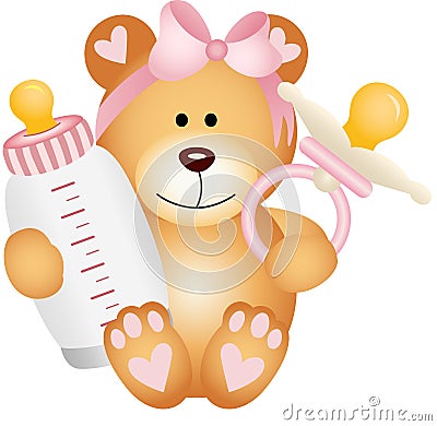 Baby girl teddy bear with baby pacifier and bottle milk Vector Illustration