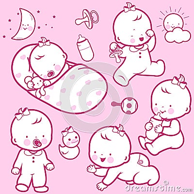 Babies sleeping, playing, walking, drinking milk, and crawling. Vector illustration Vector Illustration