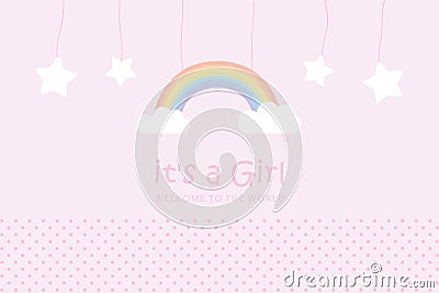 Baby girl welcome greeting card for childbirth rainbow and star Vector Illustration