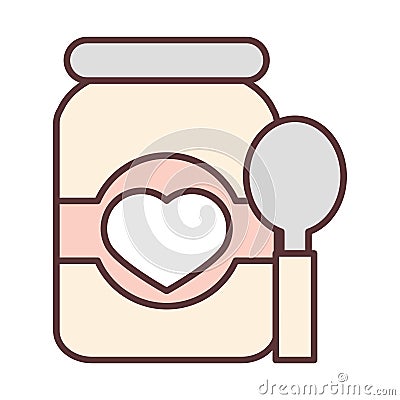 Baby glass jar with spoon food feeding and care newborn template line and fill icon Vector Illustration