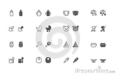 Baby goods outline and filled icon set Vector Illustration